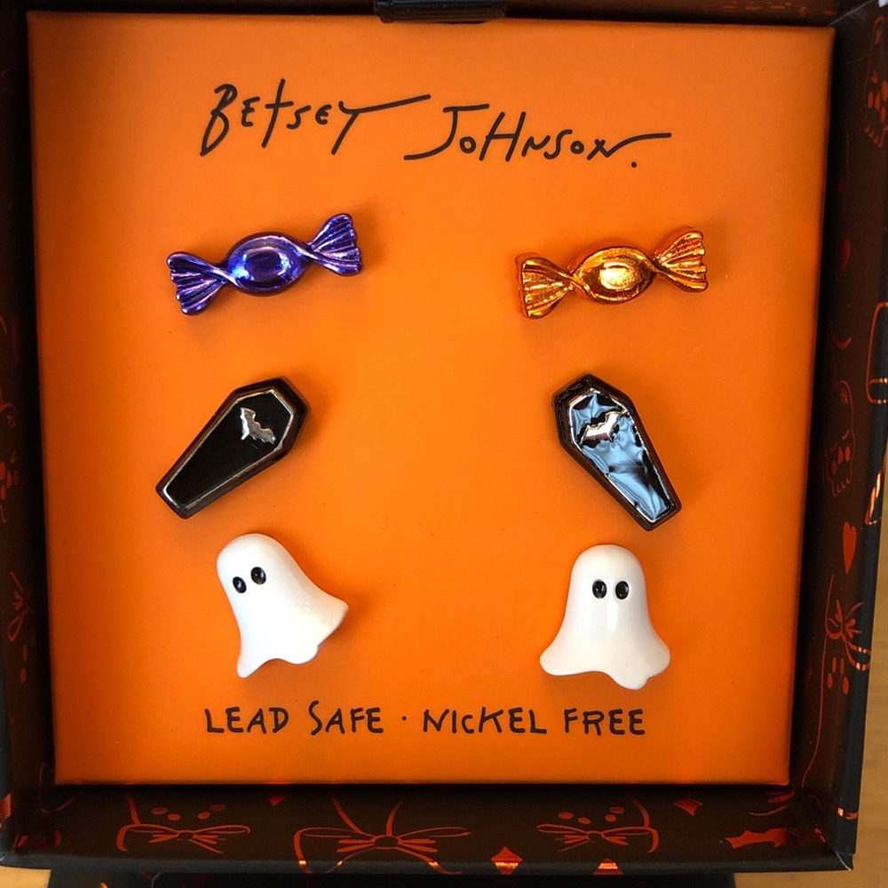 Betsey Johnson 3 Pair Stud Earring Set Coffin, Ghost & Halloween Candy NIB